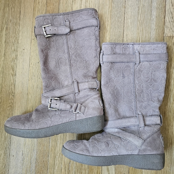 Coach Thelma faux fur winter boots taupe suede logo embossed mid calf size 7 - Picture 3 of 14